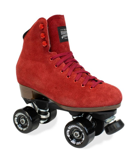 Red roller skate with black wheels on a white background