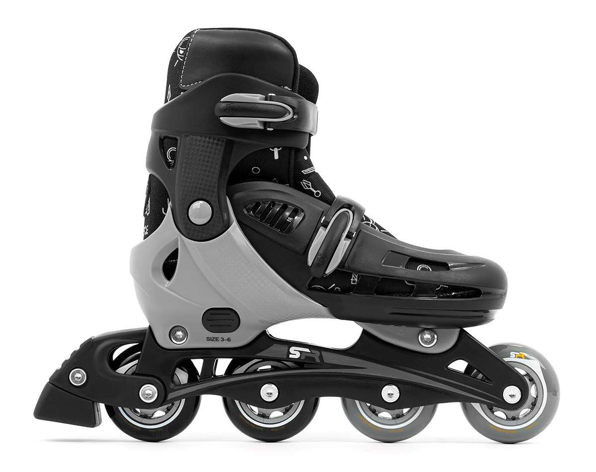 Black and gray inline skate on a white background