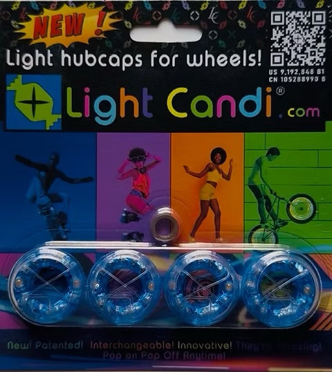 Pack of four Light Candi light hubcaps for wheels, sealed in clear plastic blister packaging with a colorful printed backing card featuring the brand name and cycling-themed graphics.