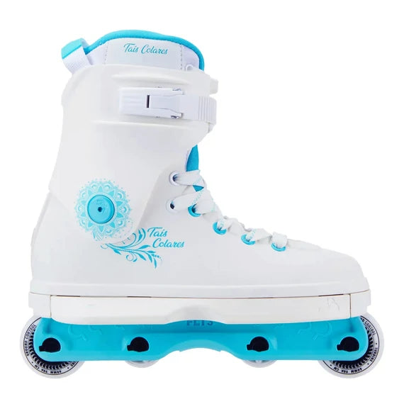 A white inline skate boot with bright turquoise blue accents, including the base, wheels, and collar, featuring the 'Tula Colores' brand name printed in blue on the side.