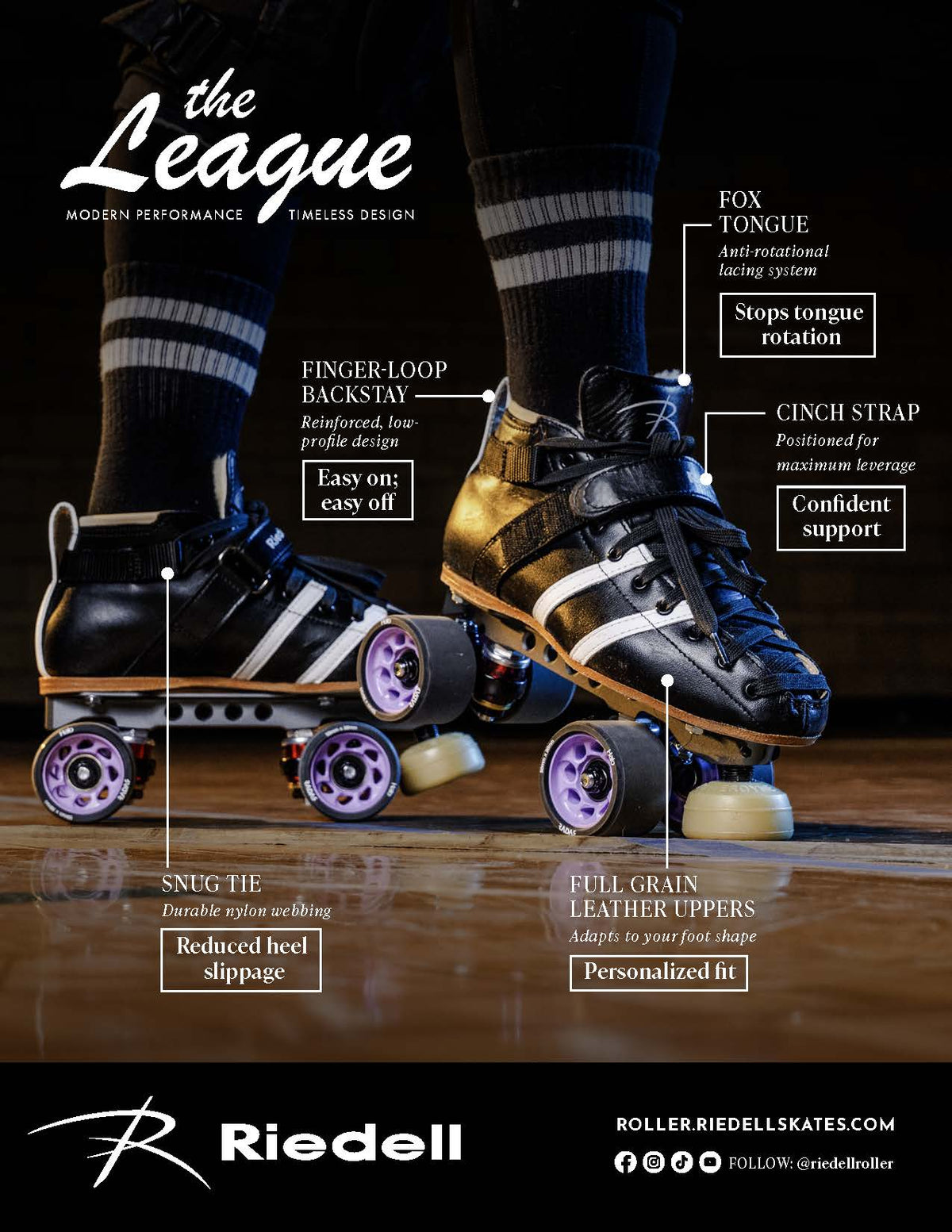 Riedell roller skates showing a close-up of a person's lower legs wearing two black and white Riedell roller skates on a wooden floor, with callout labels pointing to features such as finger-loop backstay, fox tongue rotation, cinch strap, snug fit, and full grain leather uppers.