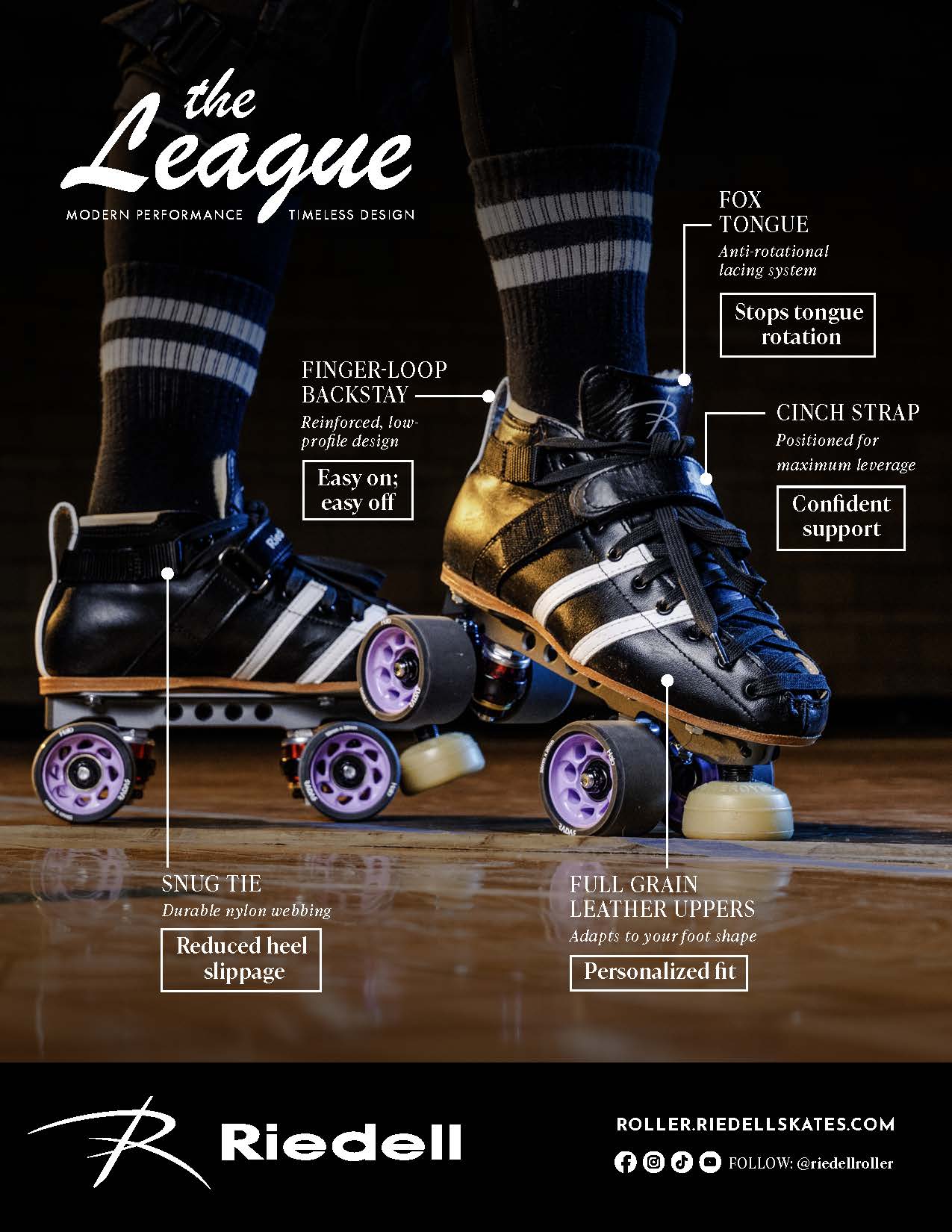 Riedell roller skates showing a close-up of a person's lower legs wearing two black and white Riedell roller skates on a wooden floor, with callout labels pointing to features such as finger-loop backstay, fox tongue rotation, cinch strap, snug fit, and full grain leather uppers.