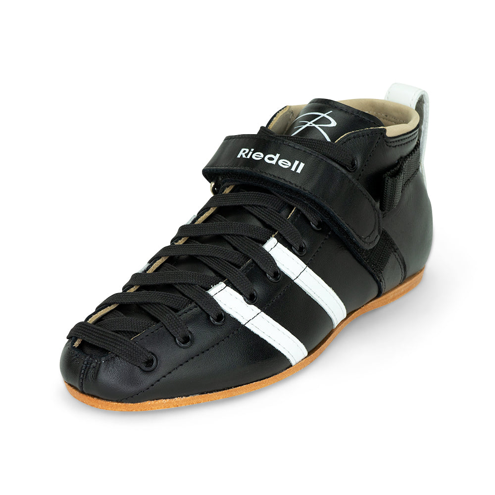 Black Riedell League skate boot with white stripes on a white background