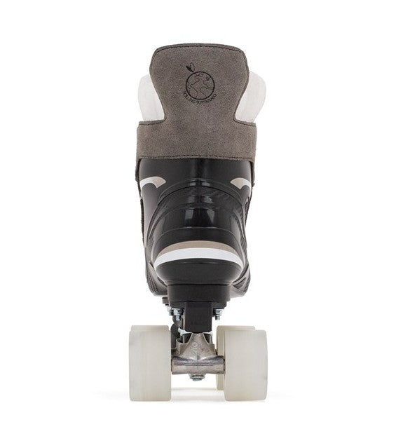 Roller skate with gray shoe and white wheels on a white background