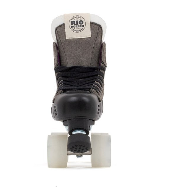 Gray roller skate with white wheels on a white background