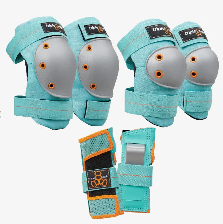 Set of turquoise protective gear with silver padding and orange accents on a white background.