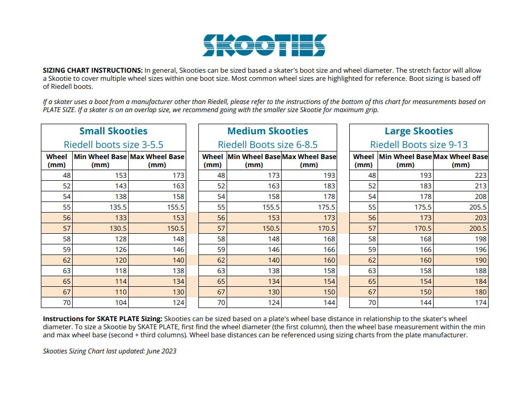 Skate Skooties size chart