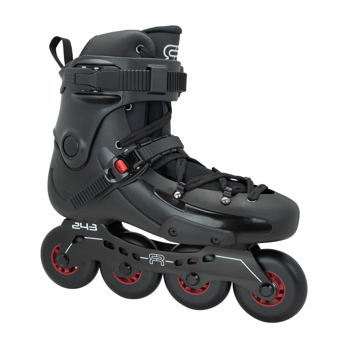 A black inline skate boot with four wheels, featuring red accents on the wheel hubs and a small red buckle, shown on a clean white background.