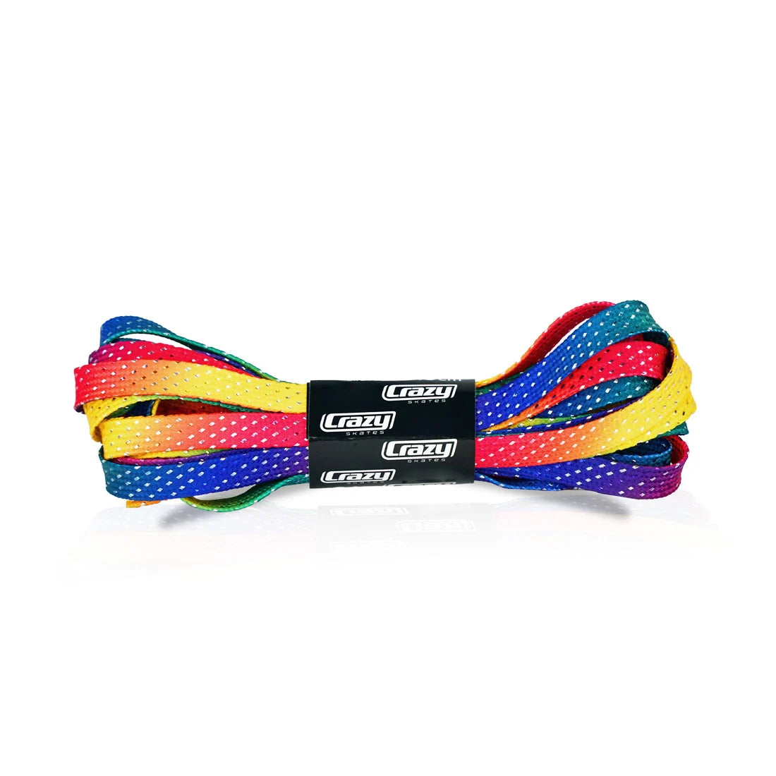 A coiled set of colorful mesh shoe laces with a black center band featuring the brand name 'Lazi Shoes'. The laces display a vibrant rainbow gradient of red, orange, yellow, green, blue, and purple, each patterned with small white polka dots.