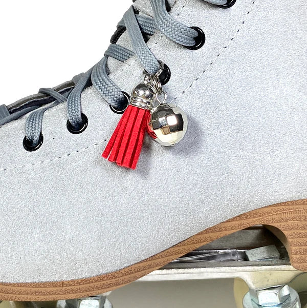 Red Rollerstuff disco ball tassel roller skate charms