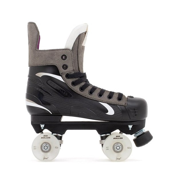 Black and gray roller skate with white wheels on a white background